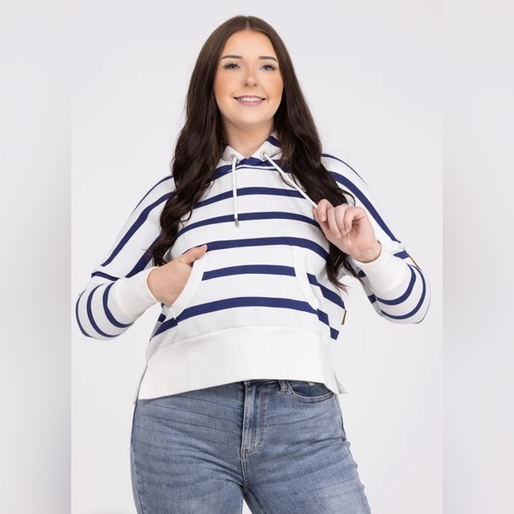 Wanakome Tops - Wanakome Layna Women’s Cropped Hoodie XS White Navy Stripe Kangaroo Pocket